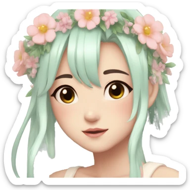 Shiny Gorgeous Pastel Anime Lady with blushing face and pretty hair with a flower crown aesthetic trending style sticker