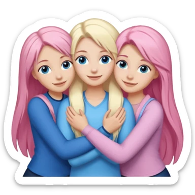Girlfriend emoji - include 1 white girl with long light pink hair and blue eyes, one white girl with blue eyes and light blonde hair, and 2 white girls with brown eyes and long dark brown hair. They are smiling and hugging sticker