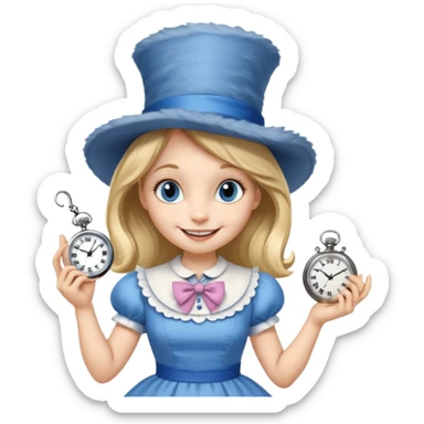 Alice in wonderland cat pointing at a pocket watch wearing a hat sticker
