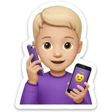 happy little kid with a phone, purple shirt, apple style emoji sticker