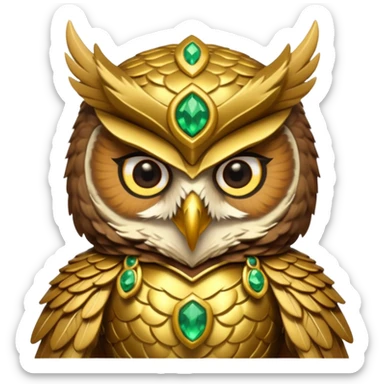 owl warrior wearing golden armor embedded with emerald jewels sticker