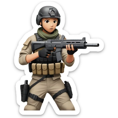 A skilled airsoft player aiming and shooting metal BBs from a replica gun, standing in a ruined urban environment. The background features crumbled walls and debris, emphasizing strategy, precision, and intense action in a tactical, team-based sport. sticker