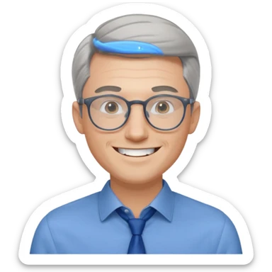 30 yr old pale white man, grey side swept hair, round glasses, big smile, white teeth, handsome, longer hair, thin glasses, blue dress shirt, no tie, stylish hair sticker