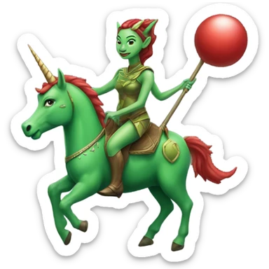 a green amazon alien woman, on a four-legged red unicorn sticker