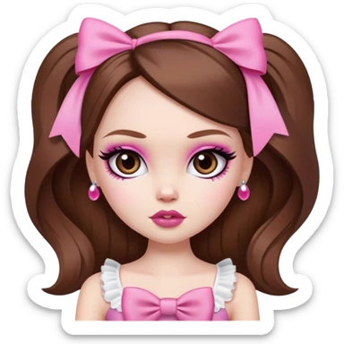 pretty bratz baddie, pale skin, brown hair, pink bow, cute sticker