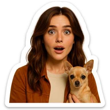 Portrait centered for Instagram profile picture, inspired by the facial features visible in the reference images, with tanned skin and subtle freckles, wearing a shirt color #FFF8CA and a rust-colored jacket, medium-length brown hair with auburn highlights, surprised and amused expression, holding a beige-brown chihuahua, Netflix series style, transparent background, intimate Tenerife ambiance. sticker