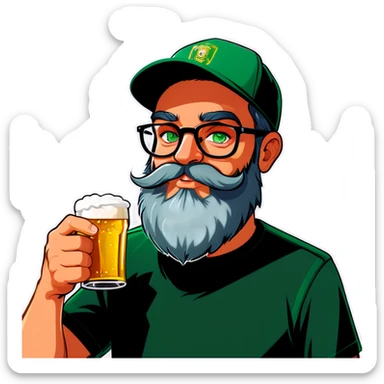 A bold man with a grey baseball cap, green eyes, big beard and glasses, drinking beer sticker