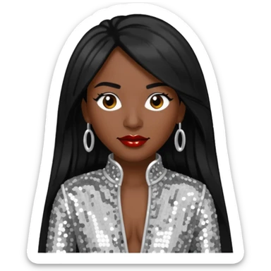 Chilli from TLC with dark skin, long black hair, silver outfit sticker