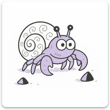 hermit crab should be light violet and the shell should be white with spirals, doodle style sticker