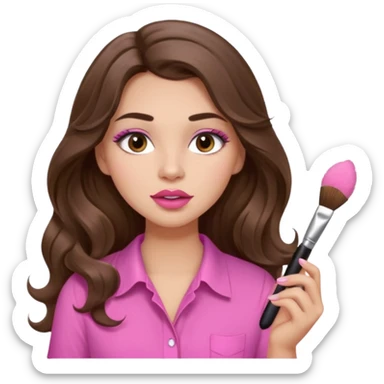 girl with long wavy brown hair, brown eyes, light to medium complexion, in a pink shirt, pink lips, long lashes, puckered lips, putting on makeup with a fluffy brush sticker
