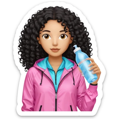 Mixed-race athletic woman with caramel skin, long black curly hair, wearing pastel pink windbreaker, holding a water bottle sticker