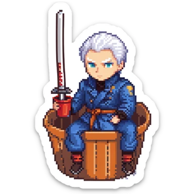 Vergil from Devil May Cry sitting in a KFC bucket, blue coat, white hair, katana sticker