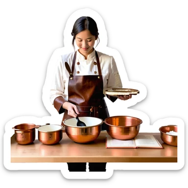 A confident journeyman baker working with copper mixing bowls, enamel measuring cups, and a leather-bound recipe book. The environment features warm lighting, brass utensils, and stitched cloth textures. UI elements resemble embossed leather tabs and metallic buttons. sticker