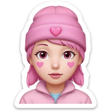 a pastel pink love face emoji with pink hearts in the eyes, pink beanie hat on  sticker