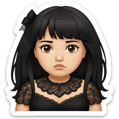 Latina girl with bangs black long layered hair plus size black lace dress disappointed  sticker