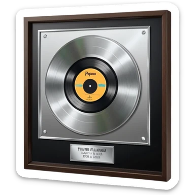 A platinum music award plaque: a square, polished platinum plate with a subtly textured, mirror-like finish, mounted on a simple dark wood base. The center features a relief of a or stylized vinyl record in a slightly darker metallic tone.  sticker