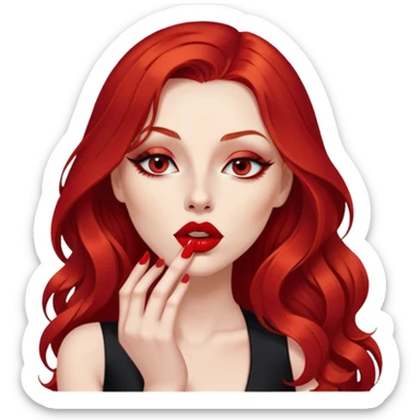 a pretty woman with long red hair and red eyes. The woman wear a black little cutted dress. She have red lipstick and she have a seductive look. She do a kiss sticker