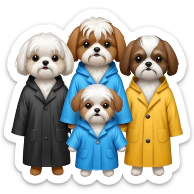 3 dogs wearing rain coats, one white maltese, 1 brown tri colour shihtzu and 1 black and white shitzu sticker