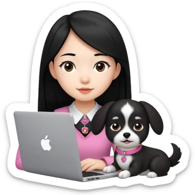 Blue back ground, Asian girl with long black hair working on an Apple laptop, next to her is a small black and white dog with pink collar on  sticker