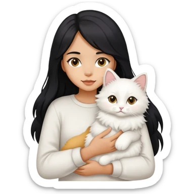 A girl with long black hair and a white fluffy cat is lying in her hands sticker