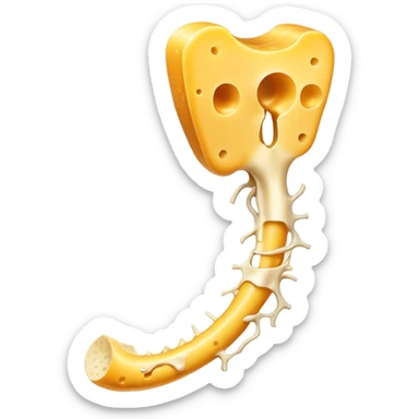 Shredded cheese emitting ethereal golden glow toward a femur bone that shows a healing process with bright golden spots. A luminous K2 vitamin symbol floats nearby, directing the healing energy from the cheese to the specific healing points on the bone. sticker
