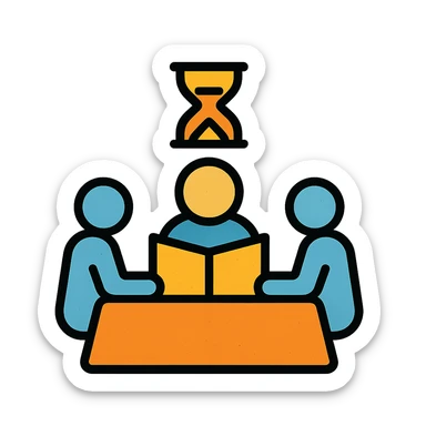 minimalist icon of players and a game master collaborating around a table or DM screen, with a clock or hourglass representing a multi-day marathon, worn and distressed look sticker