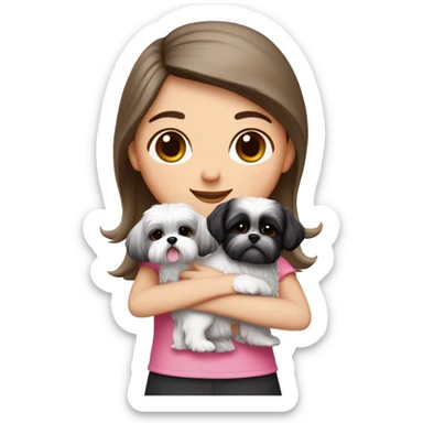 A girl with dark blond hair and white tone skin, wears pink top and hugs two black and white shih tzu one girl with pink bows and one boy sticker