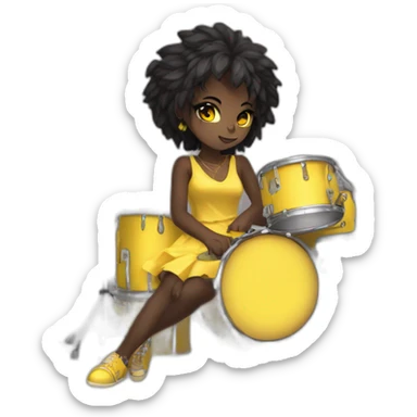 cute punk girl in yellow dress dark skin with yellow eyes and dark curvy hairs drummer anime style sticker