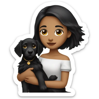 girl with a porcelain fair skin and long straight black hair with a small face wearing an off shoulder black shirt, while holding her golden retriever puppy  sticker