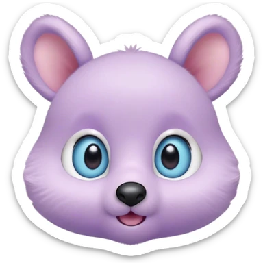 A creature with pastel purple fur and large pixar blue eyes and very small ears like a teddy bear. The nose is just a very small pink oval. The base around the eyes, eyebrows, nose and mouth is white, blushing. sticker