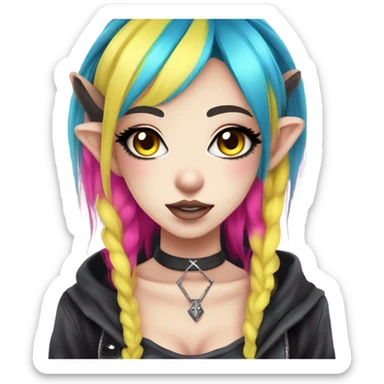 Blue eyed pale hime gyaru girl, hot pink and yellow split-dyed hair, nose ring, elf ears, dark makeup, punk clothes sticker