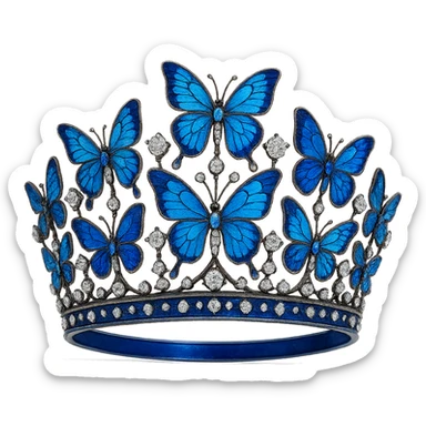 butterfly crown with a sapphire blue base, butterflies in light and dark blue enamel, sparkling gems sticker