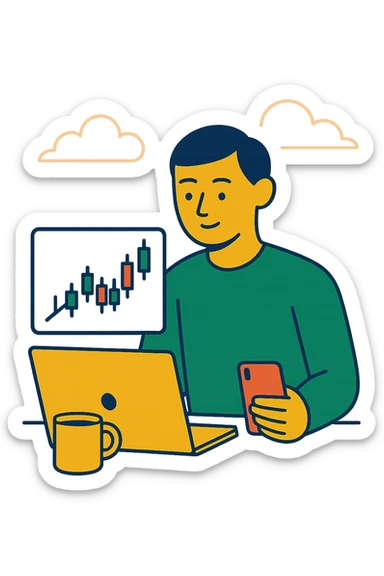 trading desk with laptop, phone, and cup of coffee, flat modern style, bright saturated colors including golds, greens, reds, minimal but expressive, universal look sticker