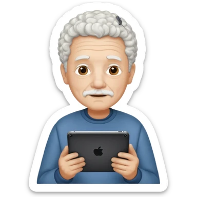 a old man with short curly white hair with tablet sticker