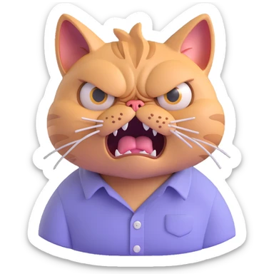 close-up of enraged overworked cat's face in wrinkled shirt, eyes wide with irritation, showing visible stress and annoyance, no table or background, just the cat's face sticker