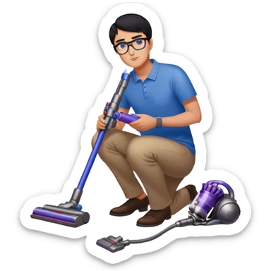 Man with black hair and blue eyes with glasses using Dyson wireless on the floor sticker