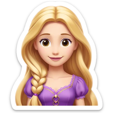 Cinematic Radiant Rapunzel Portrait Emoji, rendered in a flat vector style with clean proportions. Show Rapunzel with a gentle smile, fair, glowing skin, and her iconic long golden hair cascading softly, wearing a simple, elegant purple dress. The image radiates a warm, enchanting glow, high shine, and is accentuated by a soft glowing outline. sticker