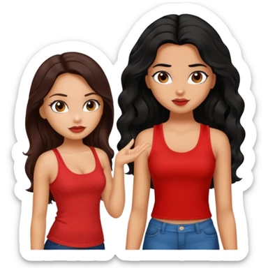 generate a pretty tan bratz girl with brown wavy hair long wearing a red tank top talking to a girl with black hair sticker