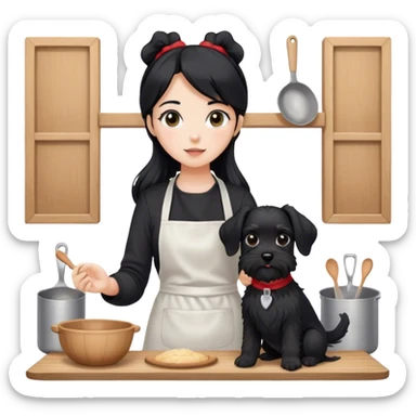 pale girl with long black hair wearing black long sleeve tshirt wearing apron and baking holding black floppy ear schnauzer sticker