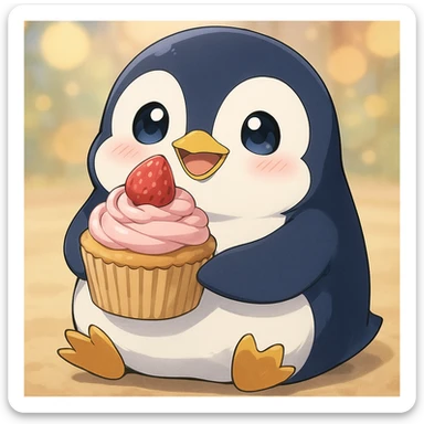 anime style penguin holding a cupcake, looking happy sticker
