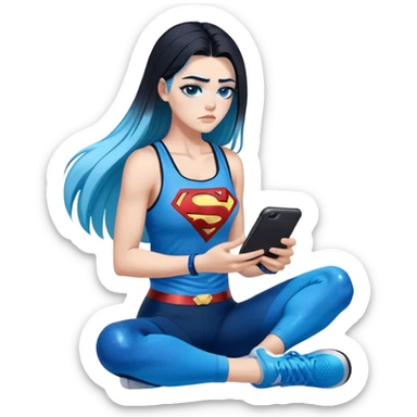 Shameful disappointed crying-very very very very big chest-texting on a samsung cell phone-very long straight flowing black to sky blue hair ombre-blue eyes-black eyeliner-long eyelashes-plastic sparkling sky blue very low cut tank top with sparkling superman logo-black leggings-nike sneakers sticker