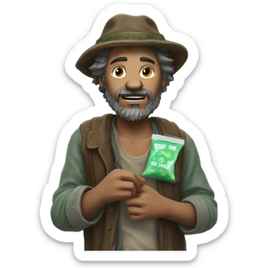 A hobo offering a mint sticker