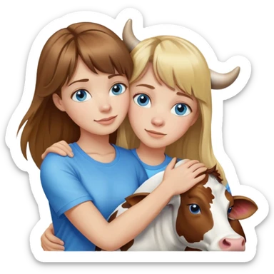 Woman with brown hair long and blonde highlights, bangs in front, blue eyes, white t shirt hugging a cow sticker