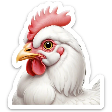 Cinematic Noble White Chicken Portrait Emoji, Poised and regal, with a compact, sturdy build and a pristine, well-groomed pure white plumage, deep-set soulful beady eyes, Simplified yet sharp and sophisticated features, highly detailed, glowing with a soft, dignified glow, high shine, intelligent and alert, stylized with an air of barnyard elegance, focused and attentive, soft glowing outline, capturing the essence of a watchful and confident fowl, so majestic it feels as though it could strut out of the screen with effortless authority! sticker