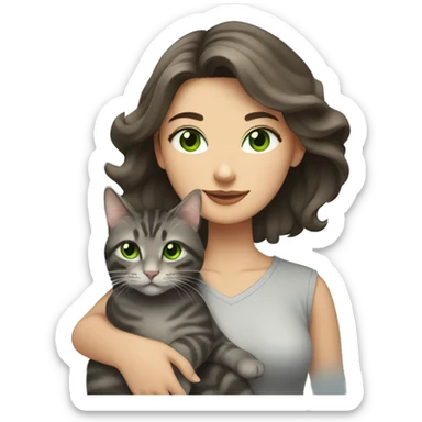 A woman with long dark brown hair and green eyes holds a gray tabby cat with green eyes in her arms sticker