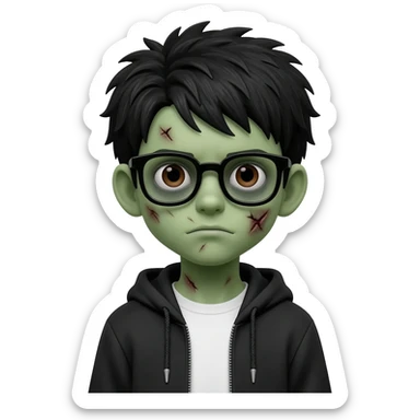 zombie boy with white tshirt and black brownish hair and with black glasses frames on hair is texturized young boy and round face more green face and dark brown eyes black y2k hoodie with the white t-shirt under it sticker