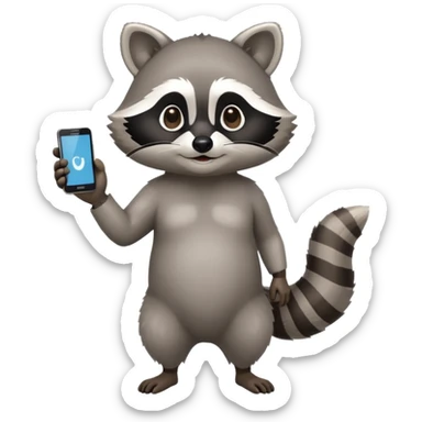 racoon holding a phone and pointing a finger to it full body friendly calm sticker