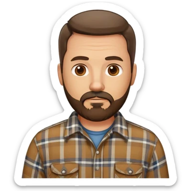 middle aged white man with dark brown beard and goatee  standing, wearing a plaid shirt sticker