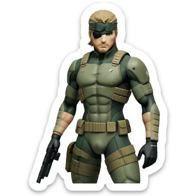 Cinematic Realistic Metal Gear Solid Snake Soldier Portrait, captured in a dynamic, battle-ready stance, muscles defined beneath intricately detailed combat gear in consistent muted greens, browns, and blacks. His determined eyes and rugged features, rendered with dramatic natural lighting and high shine, exude raw, unyielding power, epitomizing the fierce, relentless spirit of a covert operative in the midst of action. sticker