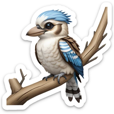 cinematic-kookaburra-realistic-full-body-perched-emoji,-compact-sturdy-frame-balanced-on-a-weathered-branch,-blue-and-white-feathered-wings-folded-neatly,-bold-striped-face-with-a-mischievous-glint-in-its-eye,-massive-sharp-beak-slightly-open-as-if-ready-to-laugh,-simplified-yet-realistic-focused-features,-highly-detailed,-glowing-with-a-warm-golden-light sticker
